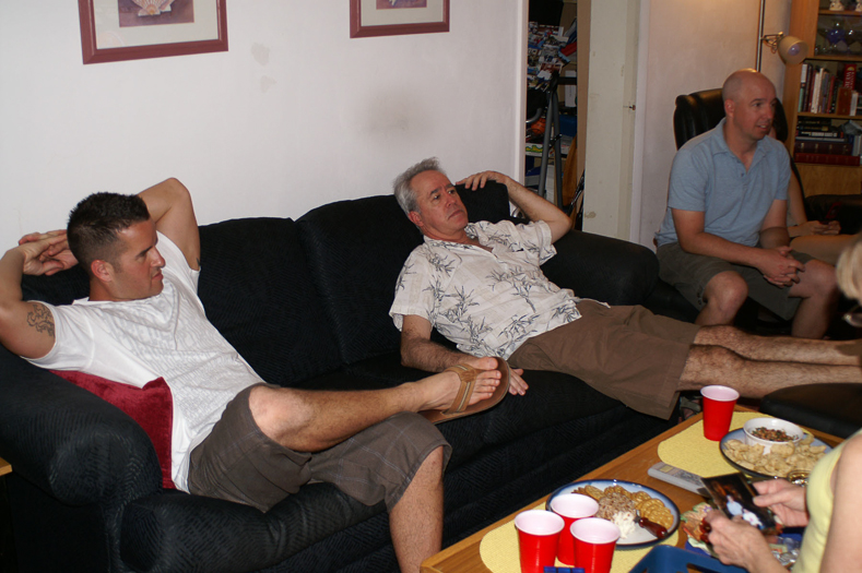 Is there football on? Shennan, Don, and Bob checking out the action on TV.